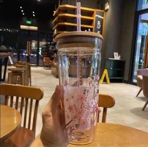 Ny Starbucks Drink Mug Pink Cherry Blossom stor kapacitet Klar frostat glas med sippy kopp kaffemugg