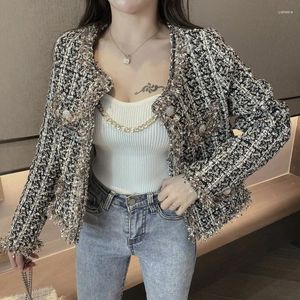 Jaquetas femininas 2023 designer de pista de lã borla casaco mulheres vintage xadrez tweed botões dourados elegante escritório senhora outwear coreano