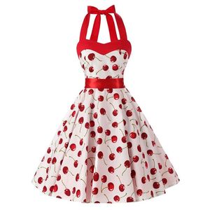 Sukienki swobodne kobiety czerwona wiśniowa sukienka imprezowa vintage 50s Rockabilly Hepburn 2021 Elegancka letnia ramy bez ramiączek retro halter kantar