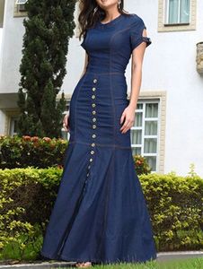 Plus Size Dresse Size Faux Denim Kleid Kurzarm Button Mermaid Skinny Elegant Vintage Bodycon Casual Slim Plissee Long Summe 231016