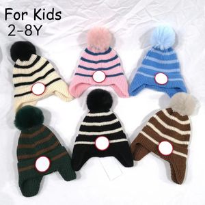 Chapéus infantis quentes de inverno para crianças de 2 a 8 anos, gorro balde de designer, outono e inverno, gorro com aba para orelha, chapéu de malha para crianças, listras verticais, bonés de caveira, chapéu com letras