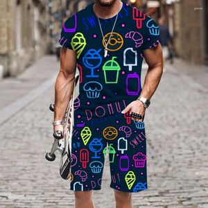 Herrspårar T-shirt Shorts Set lyxiga färgglada lysande mönster Casual 2023 Beach Funny Outfit O Neck Tracksuit Tops Street Summer