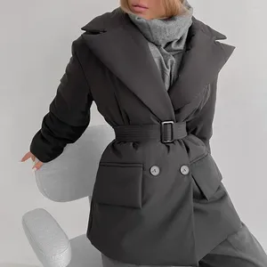 여자 다운 간단한 포켓 파카 파카 여성 패션 더블 가슴 코트 솔리드 타이 벨트 노치 코튼 재킷 숙녀