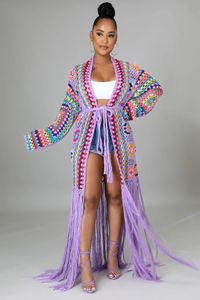 Women's Knits Tees Women's Cardigans Crochet Knitted Maxi Fringe Coats Jacket Casual Sweater Ladies Tassel Open Stitch Hollow Out Long Cardigan 231017