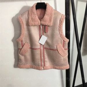 Kadın yelek kadın ceket patchwork şerit lambhair kolsuz yaka lüks yelek ceketleri kadın sonbahar moda sıcak üst tasarımcı vese pembe