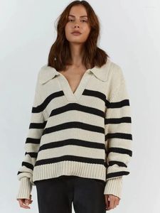 Kvinnors tröjor Casual Ribbed Stripe Pullover Tröja Kvinnor Lossa Slå ner krage långärmad stickade toppar Autumn Winter Streetwear