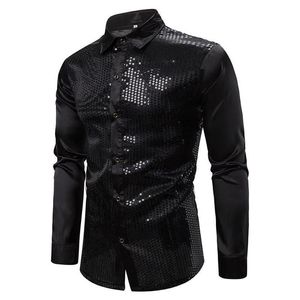 Męskie koszulki męskie męskie czarne długie rękawowe sukienka na guziki 2021 Błyske cekinowa jedwabna satynowa koszula Men Business Party Mężczyzna chemi266s