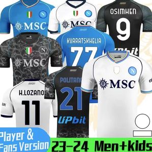 23/24 Maglia Napoli Futbol Formaları Çocuk Kiti Napoli Away Şampiyonlar Ligi Futbol Gömlek Fouth Ev Üçüncü Oyuncu Versiyonu Cadılar Bayramı Özel Baskı Osimhen Lobotka