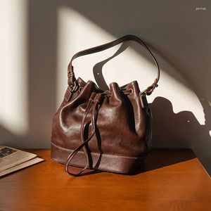 Женская модная маленькая сумка-ведро из натуральной кожи растительного дубления, дизайнерская женская сумка-ведро высокого качества из воловьей кожи на плечо
