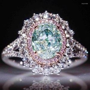 Bröllopsringar lyxig silverfärg trendig för kvinnor som lyser metall inlagd rosa zirkonvita stenar brud smycken