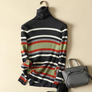 Women's Sweaters Colorful Striped Knitted Women Sweater Pullovers Autumn Design 2023 Turtlenck Elastic Elegant Office Lady Pulls Tops