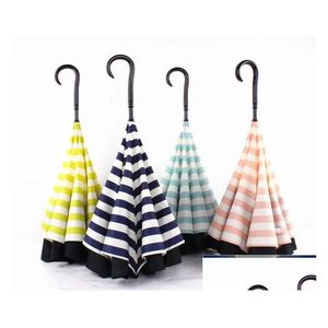 Umbrellas Quality Navy Stripe Inverted C-Shape J-Shape Handle Waterproof Double Layer Reverse Car Umbrella Paraguas Rain 4 Homefavor Dhsjg