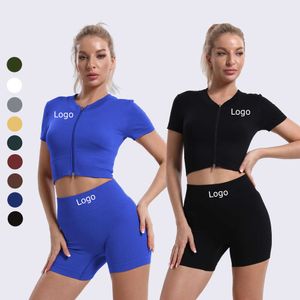 Lu Lu Yoga-Overall, Bodysuit-Set, gerippt, nahtlos, Workout-Set, Reißverschluss-Top-Sets, Sport, Scrunch-Shorts, Damen-Activewear-Sets für Jogging, Fitnessstudio, Lememm