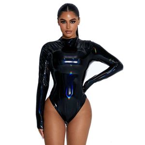 Sissy Sexig Shiny PVC långärmad Leotard Bodysuit Turtleneck Slim Playsuits Costumes Faux Latex Fetish Party Club S-7xLanime Costumes