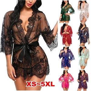 Mulheres Sleepwear Plus Size Nightgown Mulheres Sexy Lingerie See-Thru Lace Vestido Babydoll Kimono Robe Malha Nightwear2499