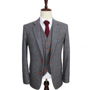 Men's Suits Blazers Wool Retro Grey Herringbone Tweed British style custom made Mens suit tailor slim fit Blazer wedding suits for men 3 piece 231017