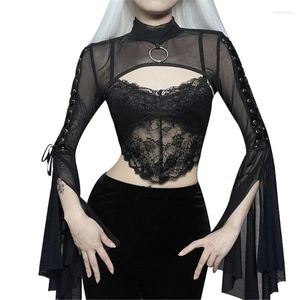 Kobiet Polos Vintage Gothic Black Black Long-Sleeve T-shirt Kobiety Sexy Streetwear Flear Sleeve Postrzegaj przez najlepszą elegancką upadek estetyczny