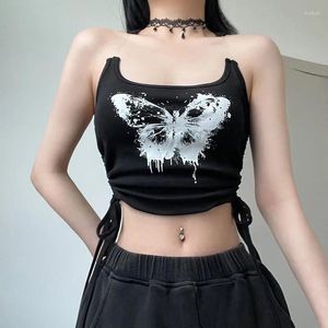 Kadın Tankları Kelebek Baskı Kesim Üst Corse Corse Summer Bandage Black Grunge Y2K Camis Kadınlar Kolsuz Sırtsız Kıyafetler Sokak Giyim