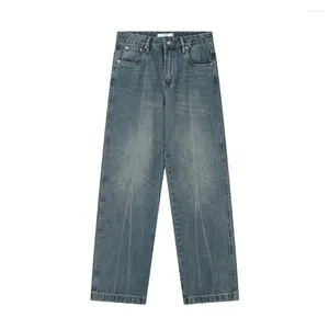 Mäns jeans American Retro High Street Style White Straight Casual Loose Men Wide Leg Simple Baggy Blue Denim Pants