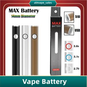 Çin Orijinal Maksimum Bataryalı 14mm Çapı Kartuş Piller 650mAH Ön Isıtma Değişken Voltaj VV Vape Kalem USB Geçiş Fabrikası Doğrudan Fiyatlı 510 Arabalar İçin