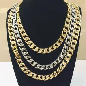 Ketten Rapper Hip Hop Iced Out Gepflasterte Strass 15mm Miami Curb Cuban Link Kette Gold Splitter Halsketten Für Männer frauen Schmuck Set C209o