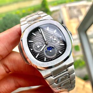 Men's Luxury Fully automatic Mechanical Movement multi-function watch Moon Phase display stainless steel gray dial sapphire glass and box