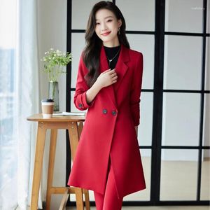 Kvinnors tvåbitar byxor Izicfly Autumn Winter Style Red Women Coat Set Elegant Slim Business Office Long Windbreaker Work Wear Blazers