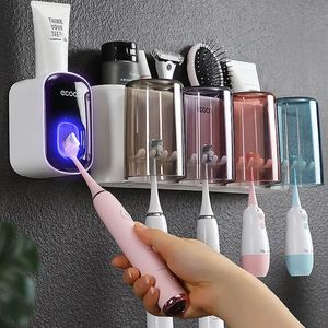 Toothbrush Holders ECOCO Bathroom Accessories Automatic Toothpaste Squeeze Dispenser Punch Free Home Toothbrush Holder Set Wall Mount Storage Rack 231013
