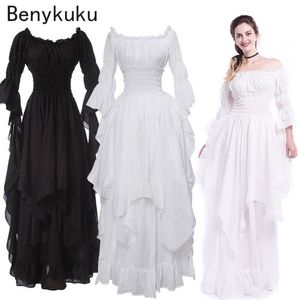 White Victorian Medieval Long Dress Plus Size Women Cosplay Halloween Costume Princess Gown Renaissance Vintage Gothic Dresses Q072613