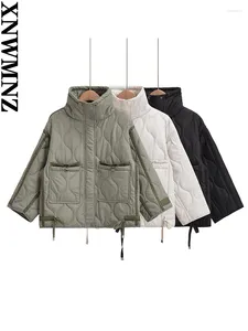 Women's Jackets XNWMNZ Fashion 2023 Autumn/Winter Quilted Padded Jacket Women Vintage Stand Neck Pocket Zipper Casual Female Outerwear