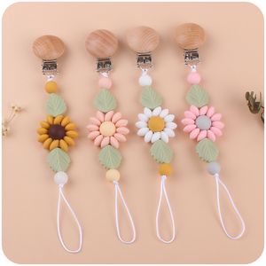 Baby Wooden Pacifier Chain Clip Dummy Nipples Holder Clips Infant Cartoon Sunflower Silicone Teething Toy Gifts Baby Accessories