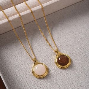 French Round Brand White Agate Pendant Long Necklace for Women Light Luxury Niche Mica Stone Medium Ancient Charm Sweater Chain