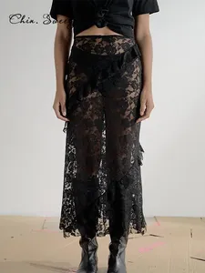 Юбки Сексуальная прозрачная кружевная женская юбка Черно-белая высокая талия с цветочным принтом Y2k Женская летняя повседневная облегающая одежда с оборками для отпуска Низ
