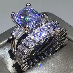 Size 5-10 Sparkling Couple Rings Luxury Jewelry 100% Real 925 Sterling Silver Princess Cut White Topaz Promise Women Wedding Brida254T