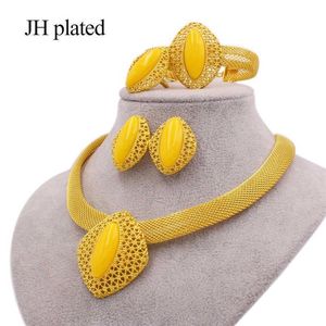 Afrikanisches Schmuckset aus 24 Karat Gold für Frauen, Dubai, Braut, Hochzeit, Ehefrau, Geschenke, Edelstein-Halskette, Armband, Ohrringe, Ring, Schmuckset 21317U