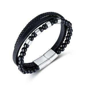 Edelstahl-Magnetverschluss, modischer Trend, mehrschichtiges Leder, schwarze Perlen, Armband, Schmuck, Hip-Hop-Seil-Armband für Männer und Frauen, 12 mm, 8,26 Zoll
