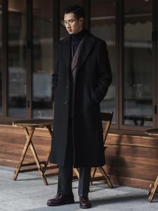 Misturas de lã masculina Mauroicardi outono inverno longo quente preto trench coat masculino único breasted casaco de luxo 2023 roupas de alta qualidade 231017