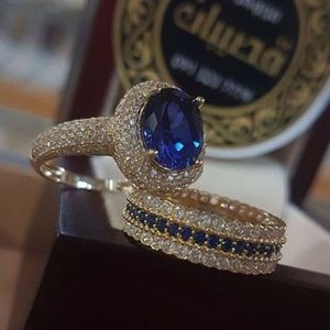 Anel solitário 2 peças / conjunto moda cor dourada hip hop para mulheres requintado incrustado zircão azul cristal anéis de casamento nupcial joias de noivado 231016