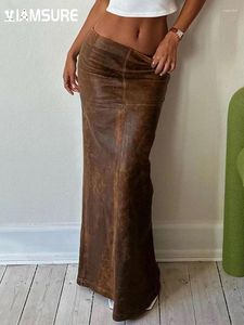 Юбки IAMSURE, элегантная модная юбка из искусственной кожи с разрезом, винтажная тонкая макси с низкой талией, женская одежда 2023, осень-весна, женская уличная одежда