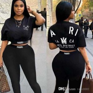 Fashion Womens Sportwear 2023 New Letter Front And Back Printed Short Sleeve T-shirt Long Pants Two Piece Set