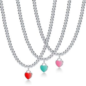 Brand Designer style Famous Brand Heart Pendant Necklace Selling Red Pink Green Enamel filled Nectarine Beads Chain Necklaces 2059