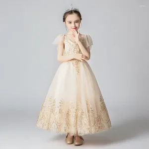 Kız Elbiseler Uzun Dantel Bal Balo Elbise Çiçek Kız Elbise V Yez Prenses Altın Tül Kids Düğün Partisi İlk Cemaat Giysileri Akşam