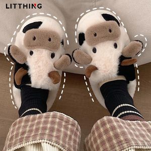 Slippers Upgrate Cute Animal Slipper Women Girls Kawaii Fluffy Winter Warm Slippers Woman Cartoon Milk Cow House Slippers Funny Shoes 231016