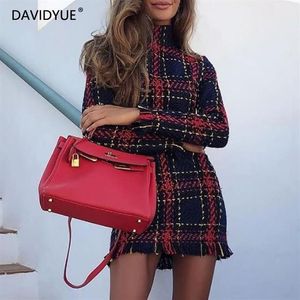 Vinter långärmad klänning kvinnor tweed röd rutig klänning avslappnad turtleneck miniklänning koreansk bodycon vestidos lady robe noel femme y20294p