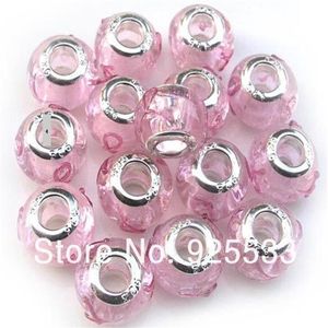 Amuletos de cores mistas 14mm vidro 925 banhado a prata núcleo rosa fita de seda grande buraco contas soltas cabem joias europeias braclet char3231