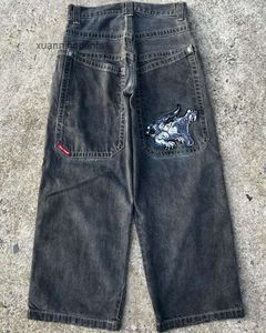Herr jeans streetwear jnco hip hop tecknad grafisk vintage baggy svart hög midja breda benbyxor ygr2