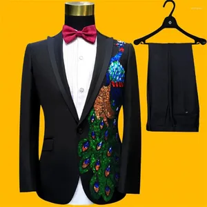 Ternos masculinos broca brilhante vestido formal mais recente casaco calça projetos terno masculino pavão homme terno masculino casamento para preto