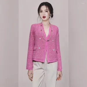 Women's Jackets Designer Fashion Small Fragrant Rose Red Tweed Coat Autumn Winter Women V Neck Double-Breasted Plaid Sweet Ladies Outerwear