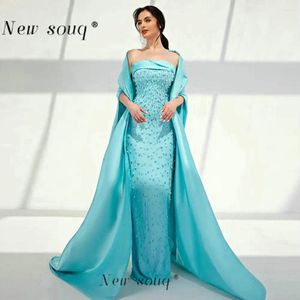 Party Dresses Turquoise Blue Dubai Evening With Cape 2023 Strapless Pearls Satin Arabic Women Pageant Gowns Formal Wedding Wear