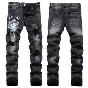 Men Jeans Letter Star AM tiny spot Men Embroidery Patchwork Ripped Sexy Romantic Wild Motorcycle Pant Mens AM3389-00 size 29-38